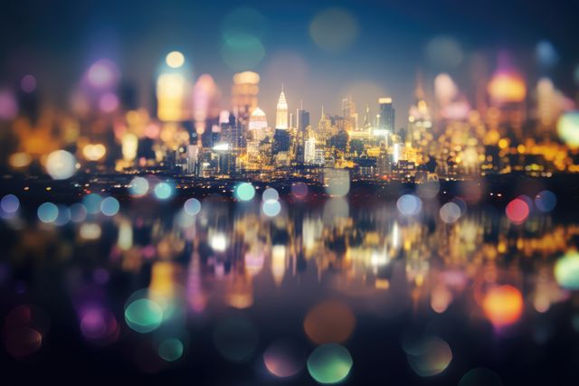 Cityscape at night with glowing bokeh lights, created using generative ai technology. Atmospheric urban nighttime bokeh lights background, digitally generated image.