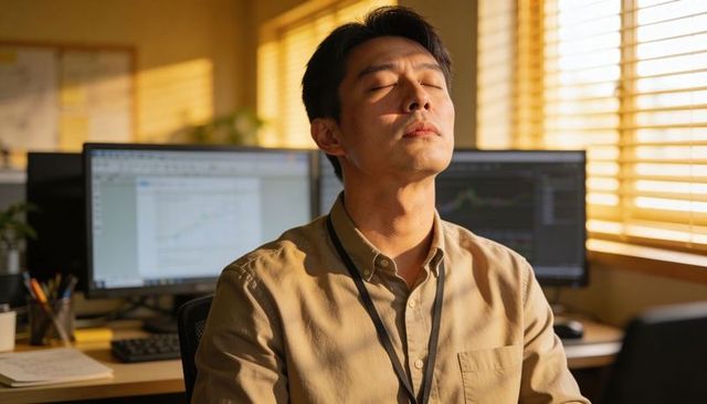 Sunlit asian professional pausing at desk, closing eyes for mindful work break during office day