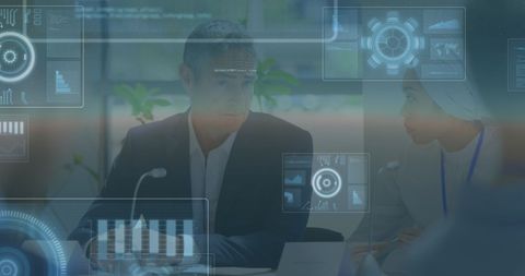 Business meeting with futuristic data interface overlay