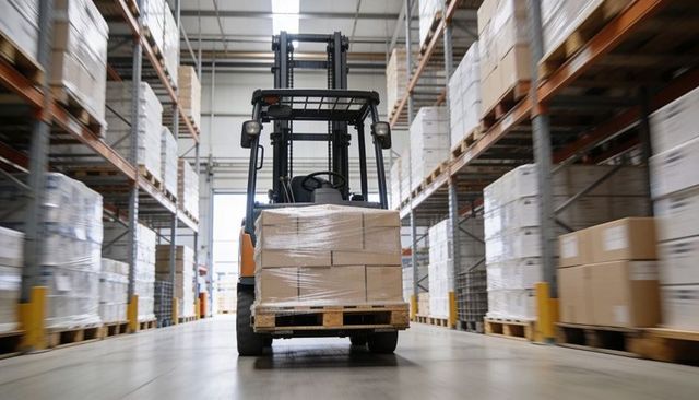 Orange forklift driving down warehouse aisle carrying shrink-wrapped pallet of boxes, logistics
