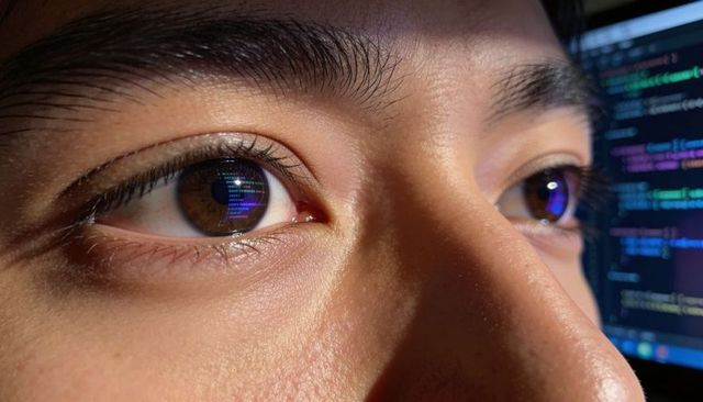 Closeup brown-eyed male coder gazing at monitor with color-coded code reflections