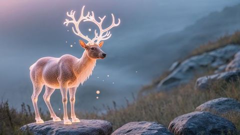 Ethereal deer creature with luminescent antlers on mystical hillside
