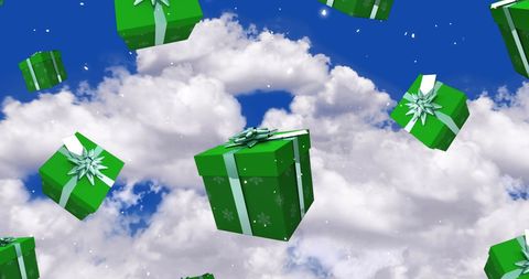 Floating Green Gift Boxes Against Cloudy Sky