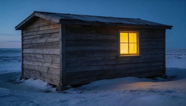 Warm light glowing from remote weathered wooden cabin on vast snowy plain at twilight