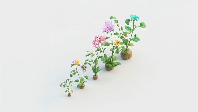 Kokedama row with blooming wildflowers in pastel tones on cream background