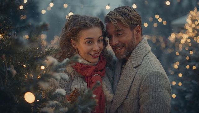 Cheerful Couple Choosing Christmas Tree Among Twinkling Lights
