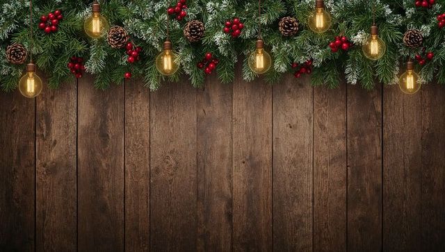 Rustic christmas garland with warm edison bulbs, pinecones and red berries over wood planks