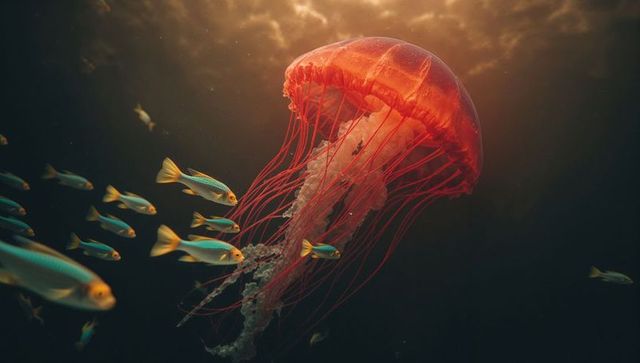 Bioluminescent Red Jellyfish with Yellow-Finned Fish Underwater
