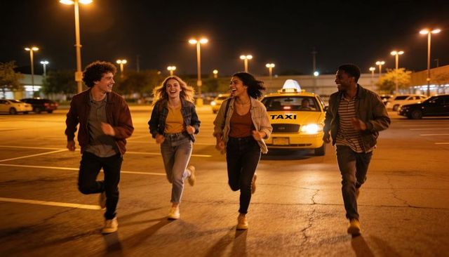 Young friends running and laughing through parking lot at night with taxi behind