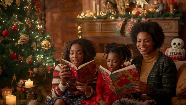 Family Reading Together by Christmas Tree Festive Environment