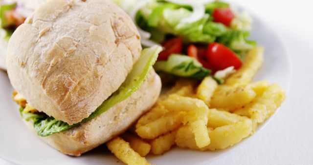 A delicious-looking chicken sandwich is accompanied by a side of crispy french fries and a fresh salad with cherry tomatoes. Perfect for those seeking a balanced meal, the combination offers both indulgence and nutrition.