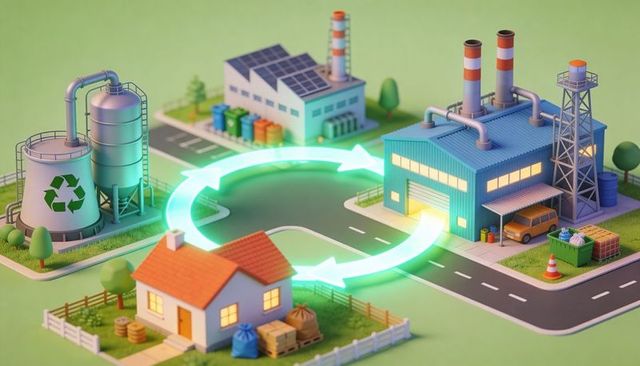 Connecting neon circular arrows linking home, recycling plant, factory miniature diorama
