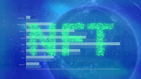 NFT Text Overlaying Digital Financial Graph on Blue Globe Illustration