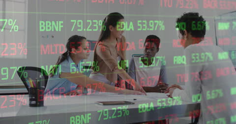 Team Meeting with Virtual Stock Market Data Display