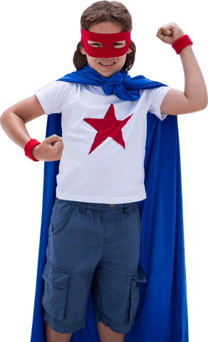 Confident Boy in Transparent Superhero Costume Clenching Fist