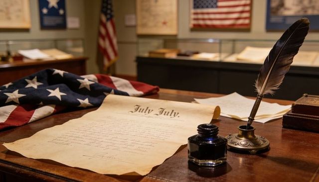 Antique july manuscript with quill, inkwell and folded american flag on museum desk