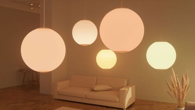 Hanging globe pendant lights casting warm glow above beige sofa in modern living room