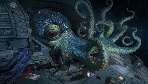 Spotted octopus invading damaged spaceship cabin with curling tentacles