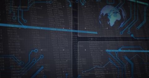 Displaying Futuristic Cyber Network Interface Showing Global Data Streams and Circuit Visuals