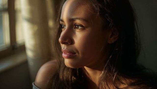 Woman gazing out window in warm golden light, closeup portrait showing quiet contemplation