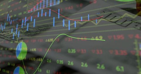 Finance charts overlaid on calculator and keyboard background