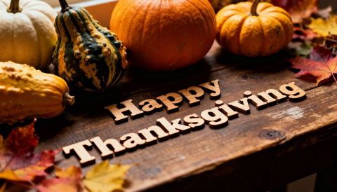 Rustic Happy Thanksgiving Wooden Letters with Pumpkins, Gourds and Autumn Leaves