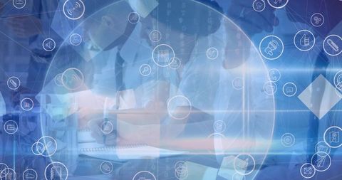 Digital network overlay appear business team collaborating
