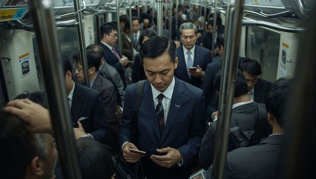 Businessman standing in crowded subway holding smartphone during morning commute