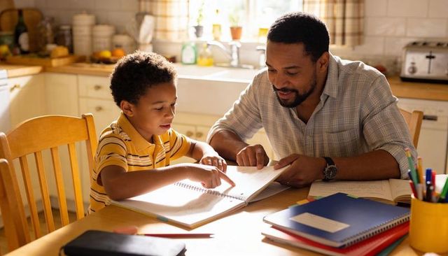 Father guiding son through homework at sunlit kitchen table, studying and bonding with notebooks