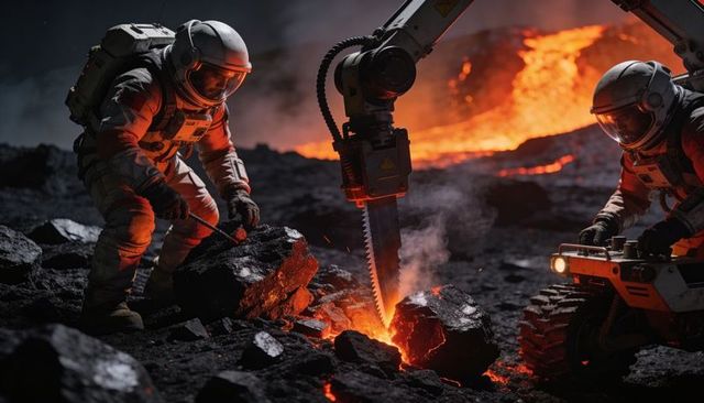 Astronauts mining molten rock with robotic saw and rover on glowing lava plain