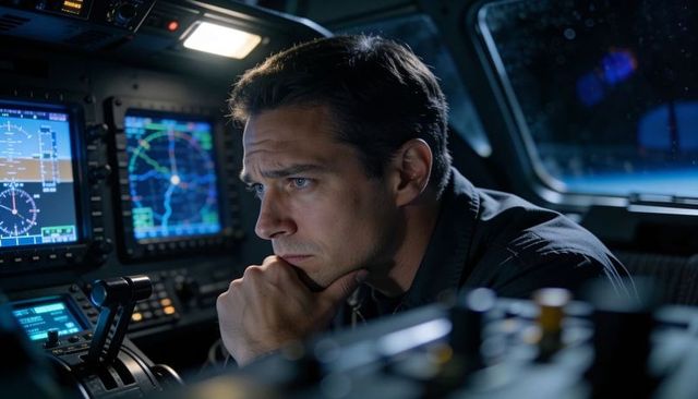 Night pilot studying avionics in cockpit with illuminated navigation displays