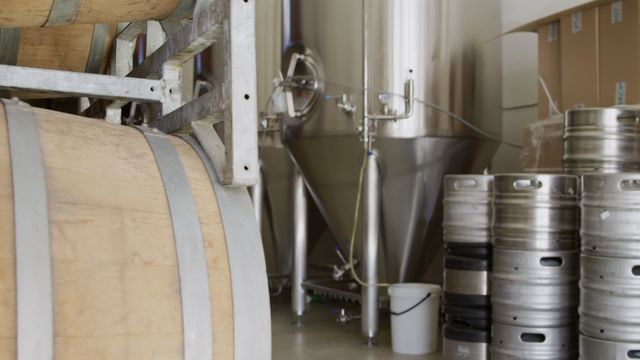 This visual showcases the interior of a craft brewery, highlighting fermentation tanks, wooden barrels, and kegs used for brewing and storing beer. Ideal for use in content related to craft breweries, beer production processes, industrial brewery equipment, or craft beer business marketing materials.