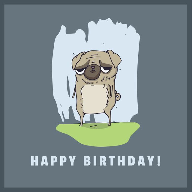 This design features a lovable cartoon pug character wishing Happy Birthday. The cheerful and quirky style is ideal for birthday cards for pet lovers, party invitations, or humorous greetings. Its playful and fun appearance makes it perfect for targeting children or people who appreciate a lighthearted birthday message.