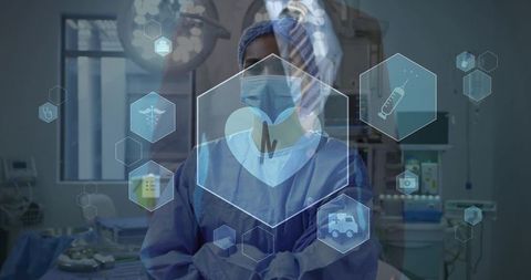 Surgeon standing in or crossing arms with holographic medical interface and digital icons
