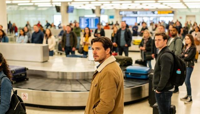 Man waiting at baggage carousel in busy airport terminal wearing tan shearling coat