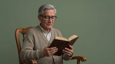 Old people wearing glasses reading book in cozy chair