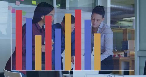 Team Collaborating Over Laptop with Colorful Bar Chart Overlay Showing Data Analysis