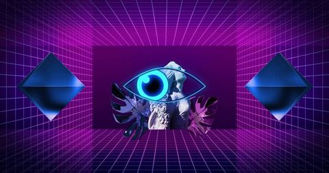 Futuristic Digital Art with Neon Eye and Symmetrical Shapes