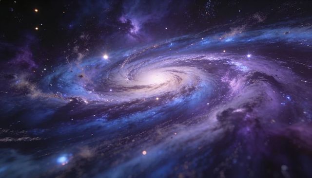 Swirling spiral galaxy rotating in blue and purple nebula with bright core and dust lanes
