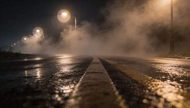 Glowing street lamps reflecting on wet double yellow line in misty night