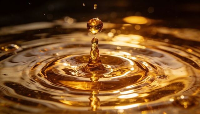 Golden droplet rebounding above glossy pool creating ripple rings and warm bokeh reflection
