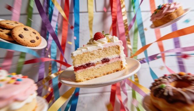 Floating strawberry layer cake slice surrounded by colorful ribbons and festive desserts