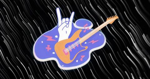 Rock hand horn gesture with orange electric guitar on neon purple splash and black waves