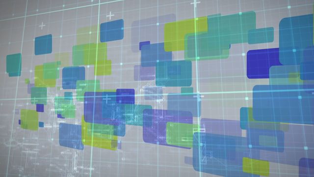 This video illustrates a futuristic concept of global data processing with a digital grid and colorful overlapping rectangles, symbolizing the transfer and organization of data within networks. This visual can be used effectively in digital marketing campaigns, tech websites, presentations, or articles focused on data analytics, computing advancements, or technological innovations.