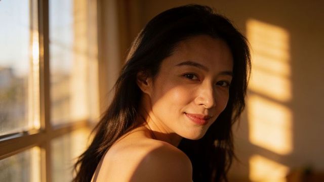 Sunlit asian woman looking over shoulder by window with warm blinds shadow