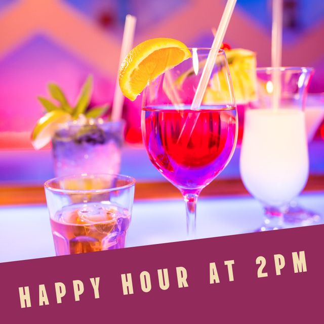 Perfect for pub, bar, and restaurant promotion materials. Ideal for social media posts, event flyers, and advertising happy hour specials. Vibrant colors and various drink types make it versatile for marketing nightlife and entertainment.
