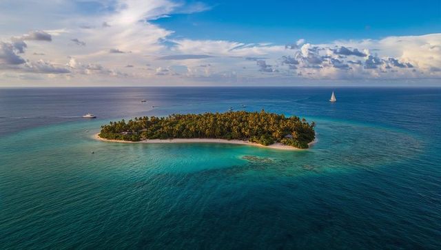 Tropical Paradise Islet Boasting Palm-Fringed White Beach and Turquoise Reef from Above