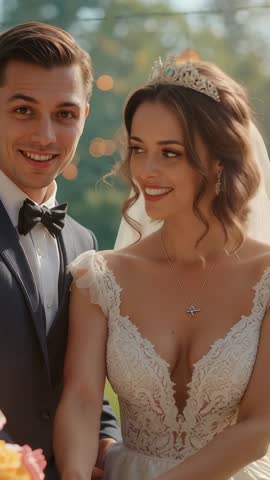 Vertical wedding cake cutting video in garden showing bride in lace gown with smiling groom in tux