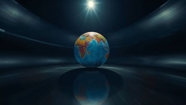Spotlighting earth globe on reflective stage showing africa europe asia cinematic