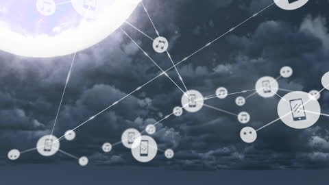 Digital Network Icons Float Over Cloudy Sky